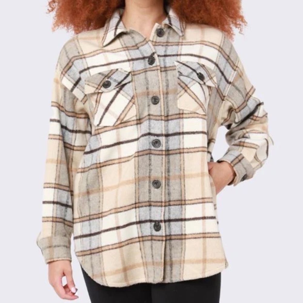 Dex Caramel Cream Plaid Button Front Plaid Shacket w Pockets XL